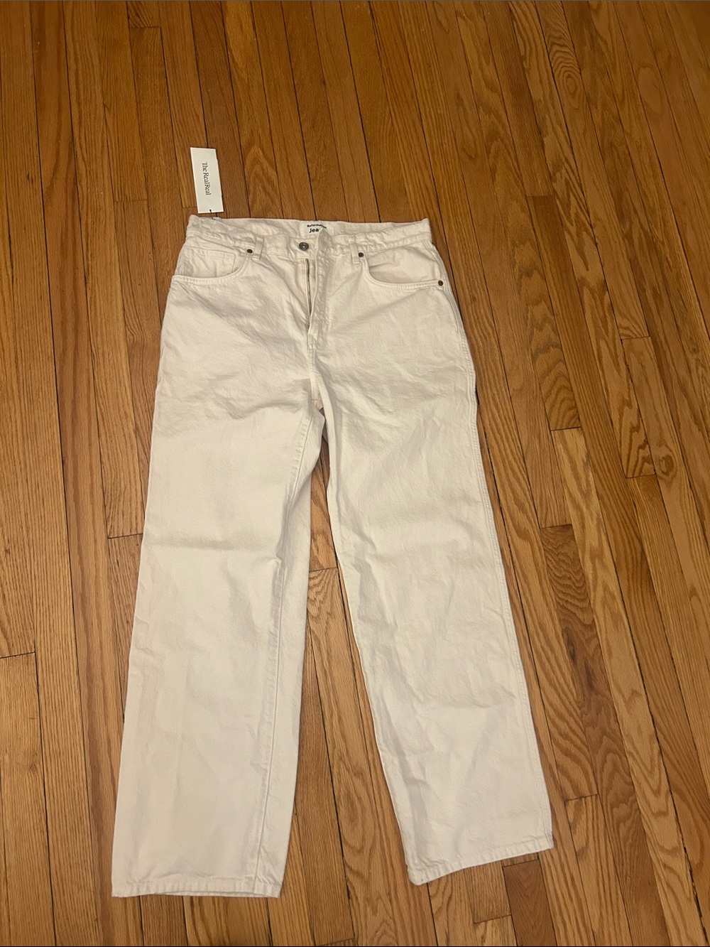 Reformation Cream-White Jeans with Branded Button